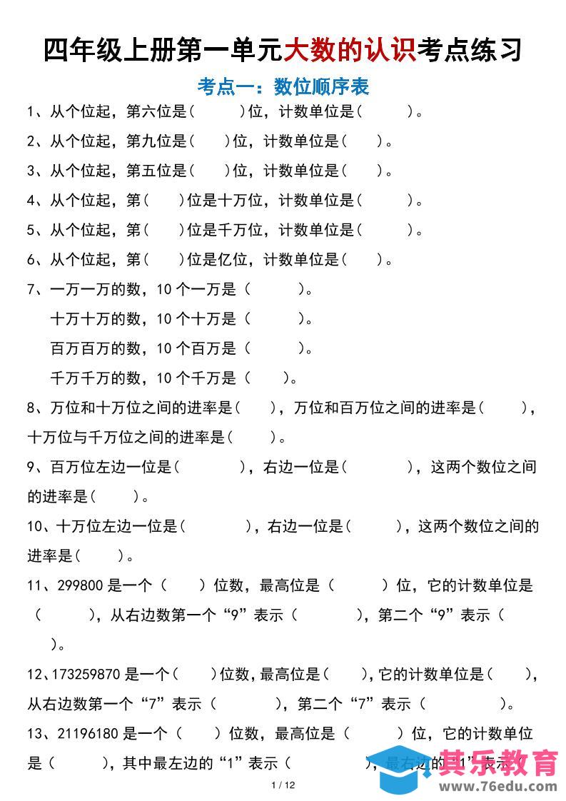 图片[1]-四年级上册数学大数的认识考点练习（空白版）-985文库