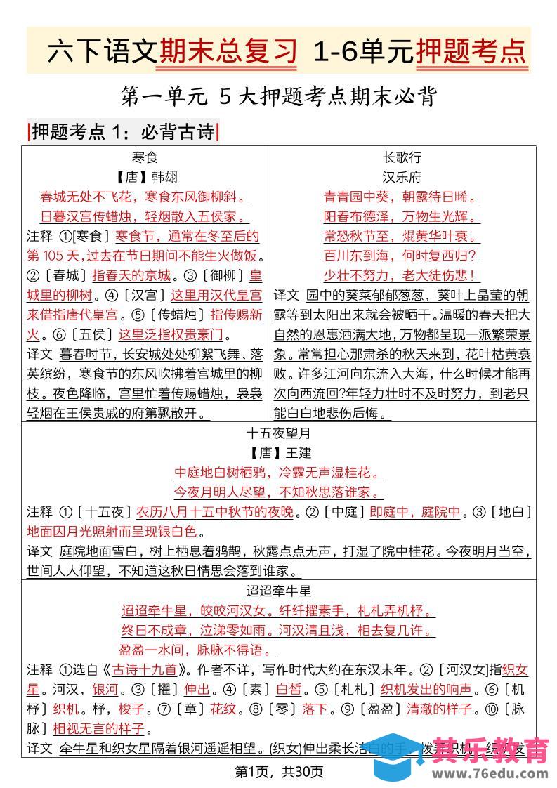 图片[1]-六年级下语文期末总复习1-6单元押题考点-985文库