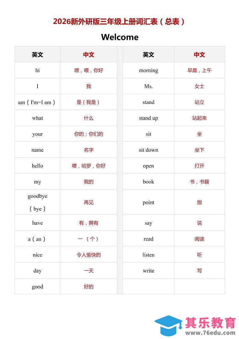 图片[1]-2026秋（外研版）英语三年级上册：单词表（总表）-985文库