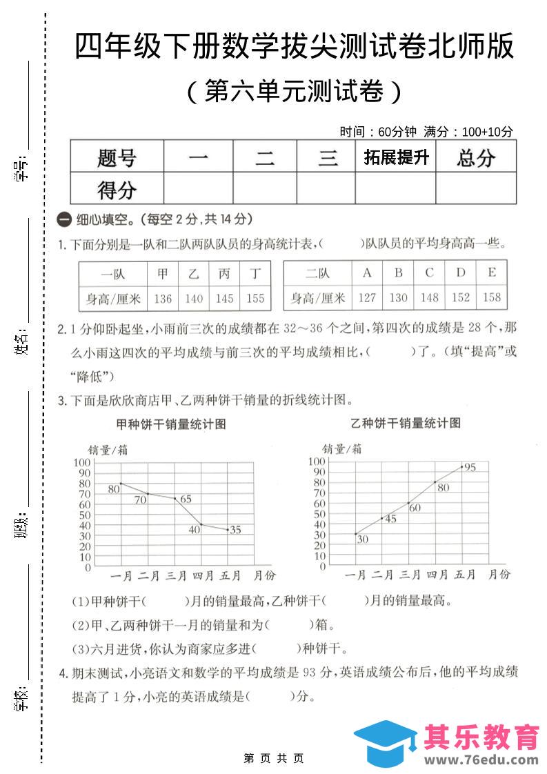 图片[1]-四年级下数学第六单元拔尖测试卷《北师版》-985文库