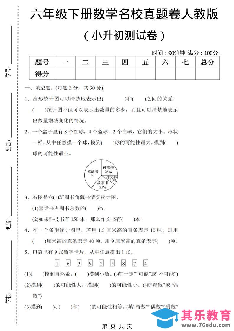 图片[1]-六年级下数学期末小升初名校真题卷《人教版》-985文库