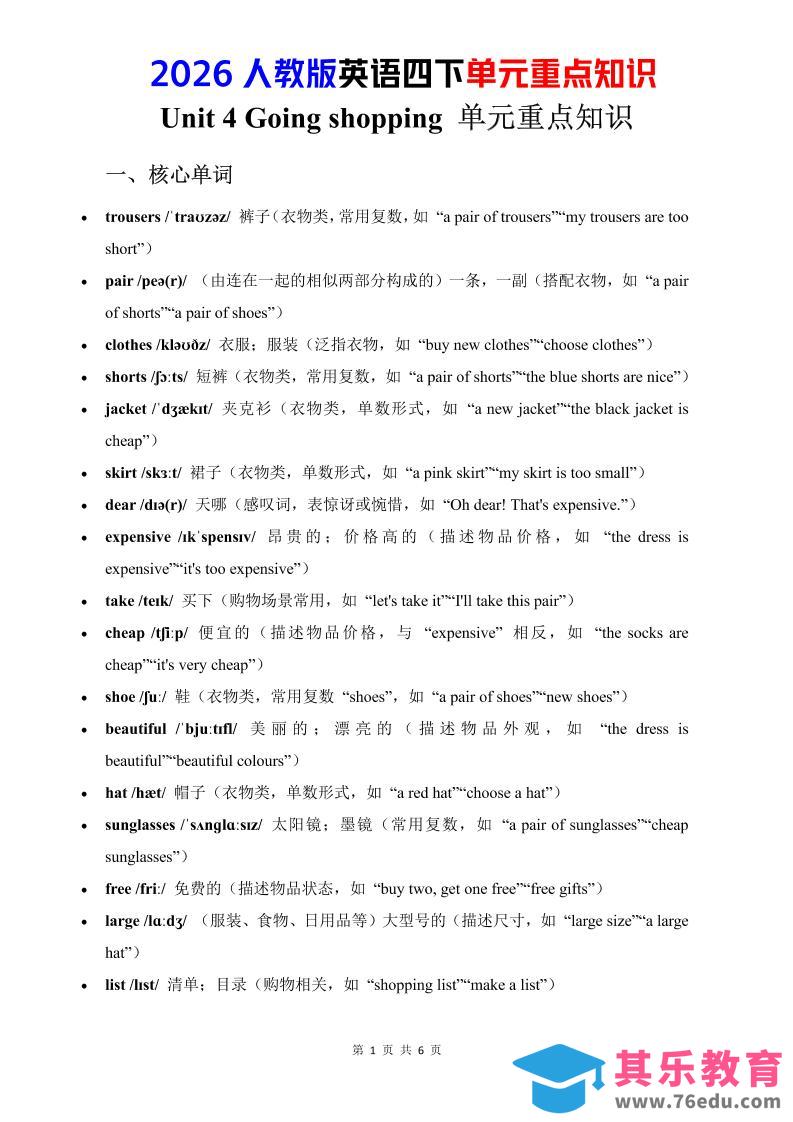 图片[1]-四年级下英语Unit4重点知识汇总《人教版PEP》-985文库