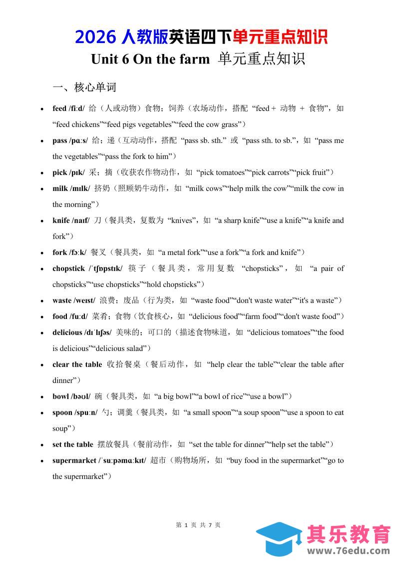 图片[1]-四年级下英语Unit6重点知识汇总《人教版PEP》-985文库