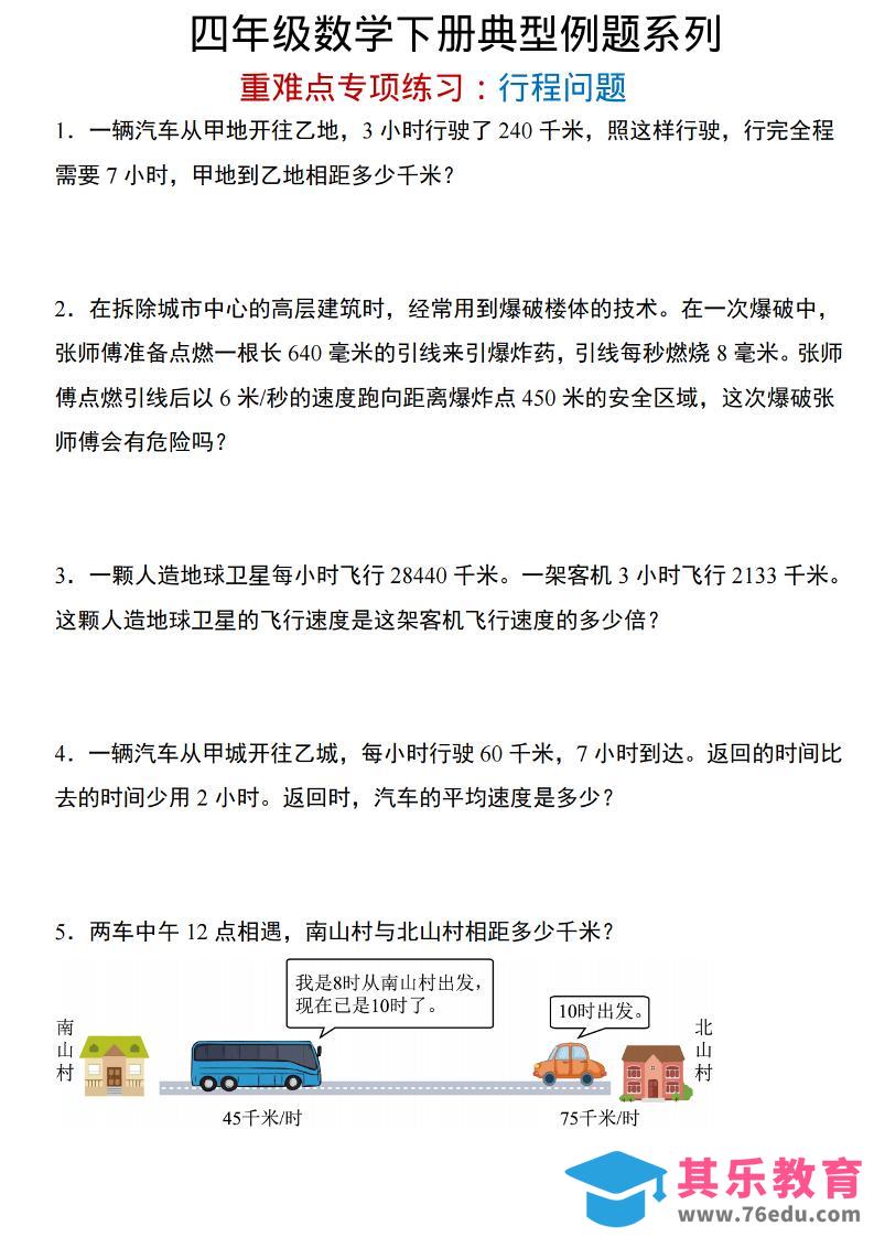 图片[1]-四年级下数学重难点专项：行程问题-985文库